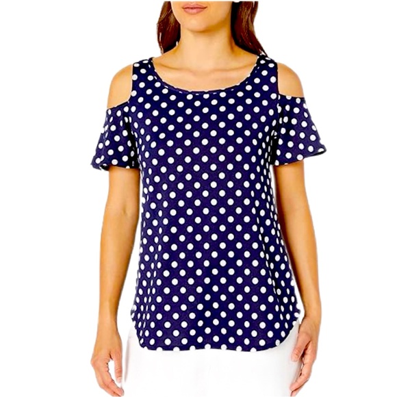 Zac & Rachel Tops - Zac & Rachel Off Shoulder Front Pleat Loose Fit Blouse (XL) Navy Polka Dot